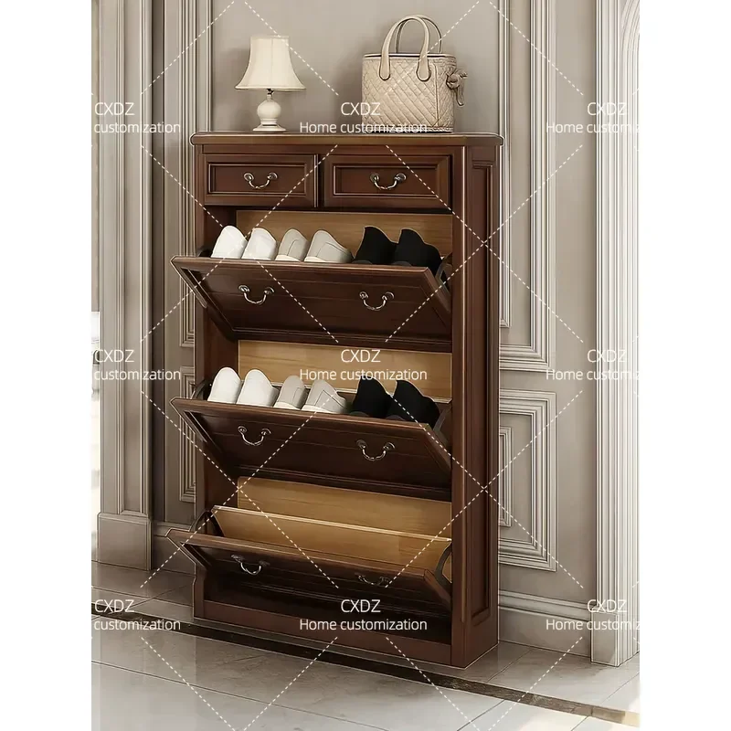 Pure Solid Wood Ultra Thin 17cm Tipping Bucket Shoe Cabinet Custom Small Size For Apartment Entryway Home Door Free