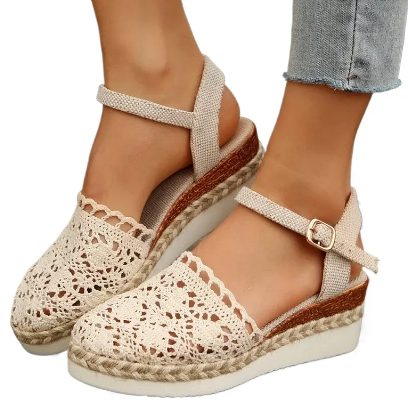 Summer Grass Woven Slope Heel High Heel Lace Sandals Ankle Strap 2024 New Simple and Fashionable Linen Woven Cross Strap