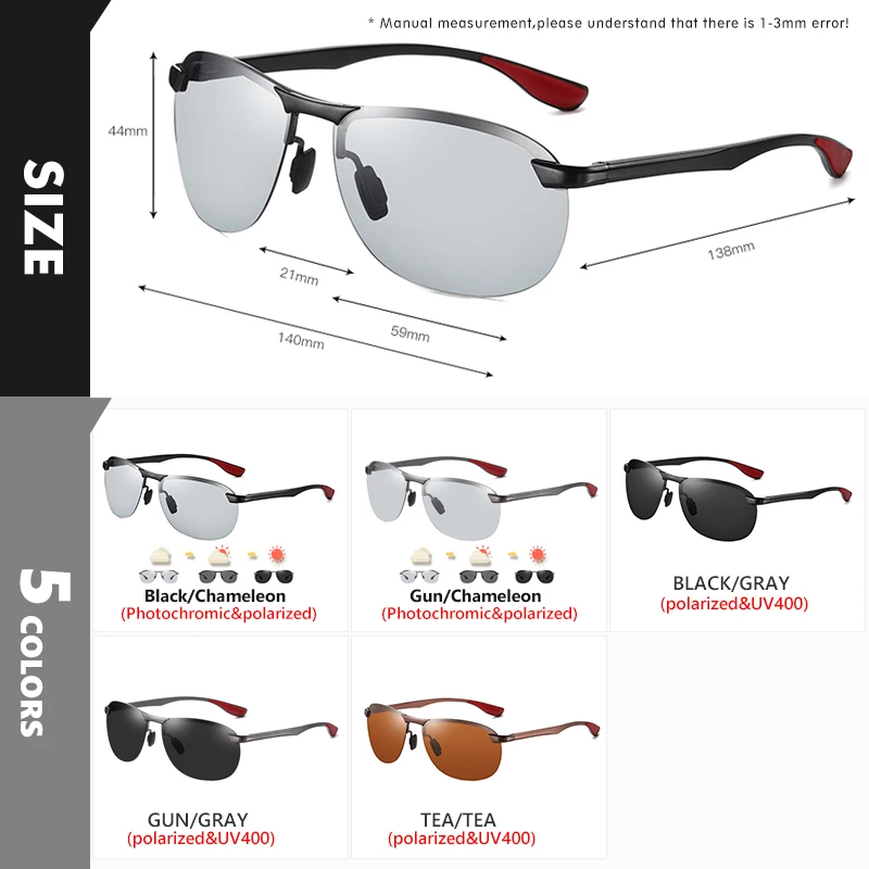 2023 Brand Design Upgrade Rimless Photochromic Sunglasses Men Polarized Driving Sun Glasses Aluminum Anti-Glare heren zonnebril