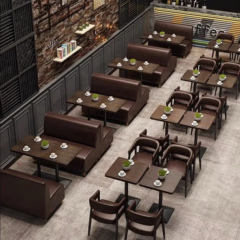 Vintage Restaurant Leather Booth Seating Wooden Table And Chairs Sofa Set For Coffee Shop Cafe Bar Hotel Bistro