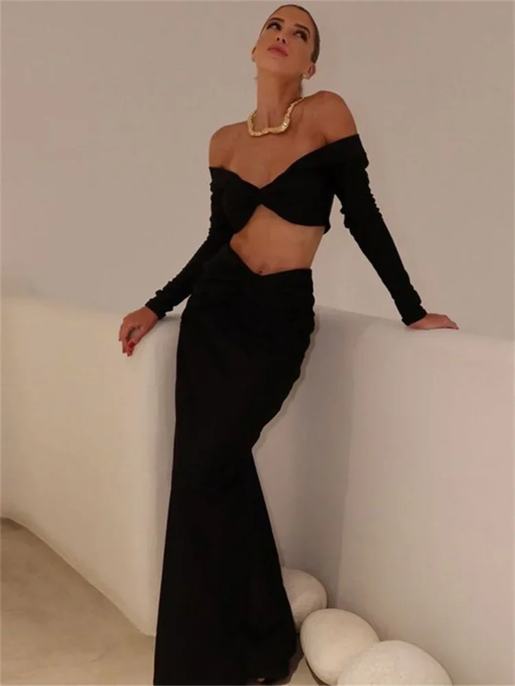 

Tossy Spring Fashion 2 Piece-Set Long Dress Women Off-Shoulder Long Sleeve Cropped Top Pullover And Maxi Skirt Outfits Ladies