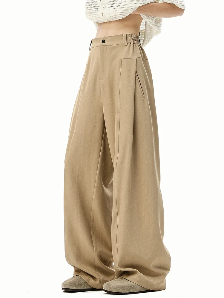 

Khaki Color Men's Summer Thin Straight Leg Pants Drapey Wide Leg Trousers Casual Fashionable Youthful Breathable Polyester