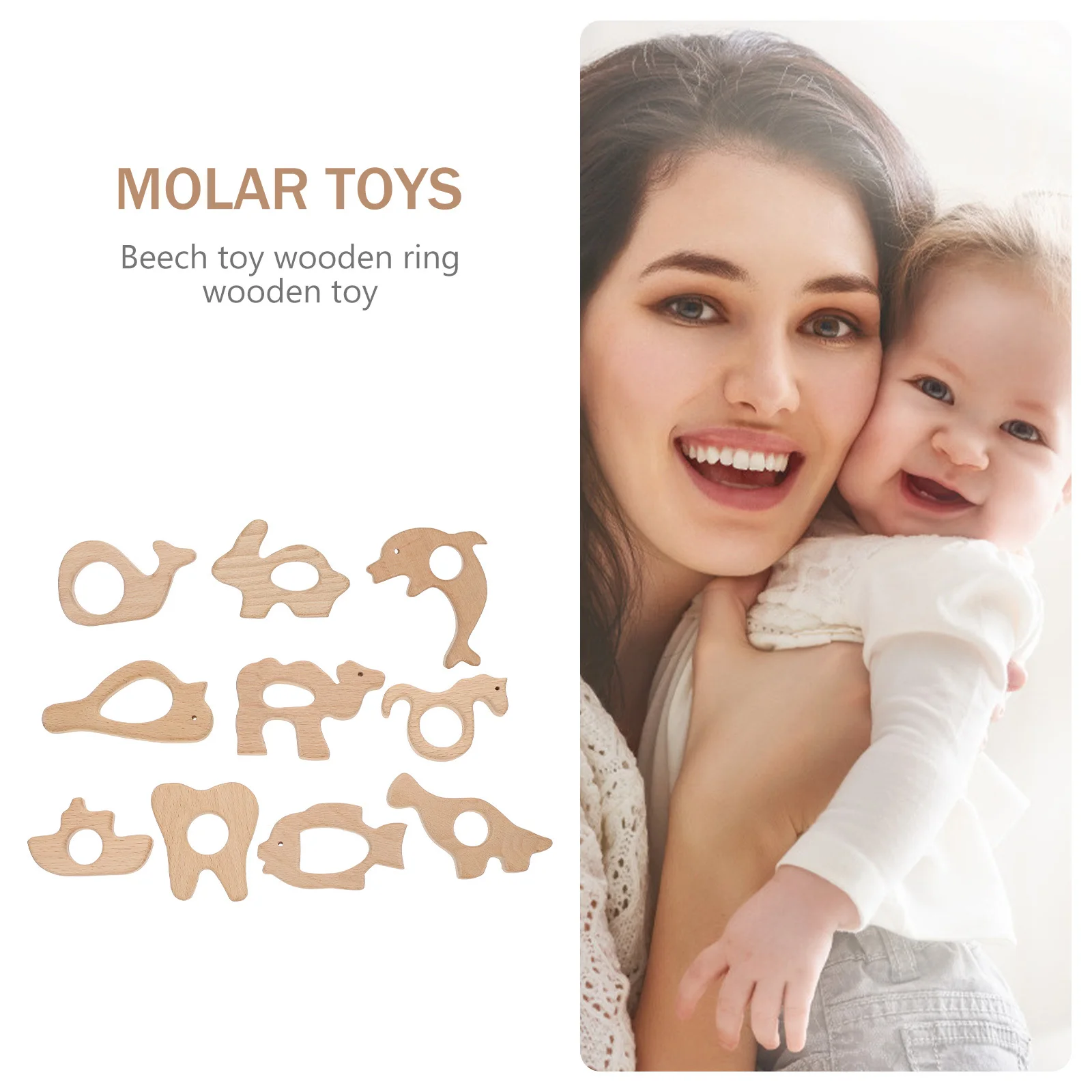 10개입 아기 이갈이 완화용 동물 모양 유아용 치발기, 나무로 만든 너도밤나무 치발기 도구
