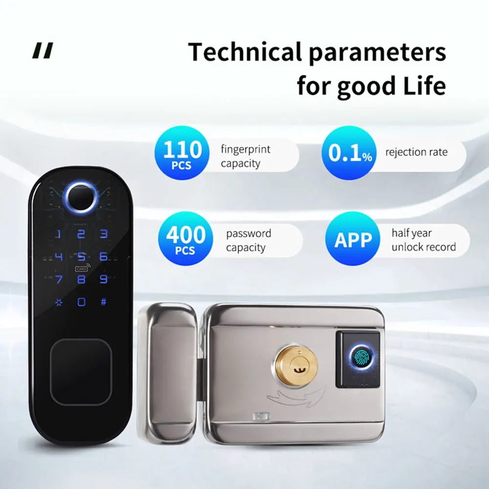 Tuya Fingerprint Door Lock Waterproof Outdoor Gate Smart Life Wifi Passcode IC Card Keyless Enter Electronic Lock with Metal Key