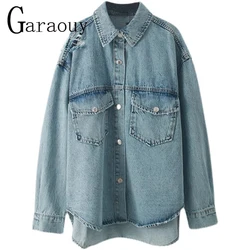 Garaouy 2023 New Women Spring Autumn Ripped Denim Cool Jacket Fashion Casual Loose Pocket Buttons Blouses Oversize Shirt Coat