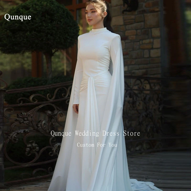 

Qunque High Neck Mermaid Pearls Chain Wedding Dresses Long Cape Sleeves Bridal Gowns Court Train Chic Bride Dress Customized