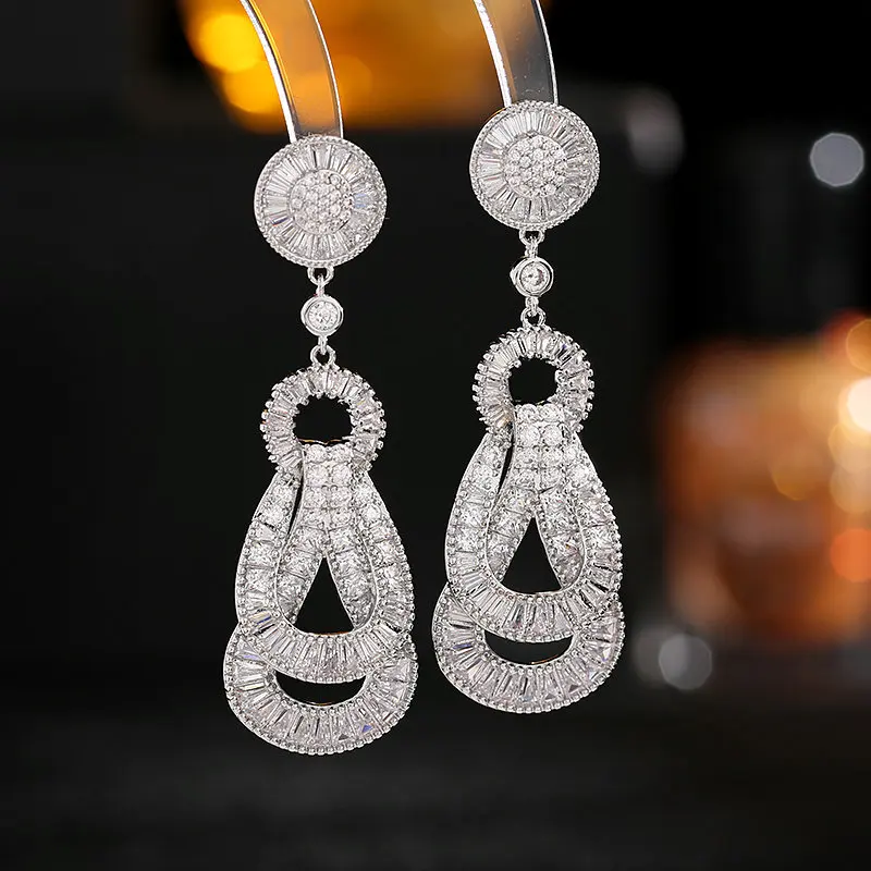 Fashionable Zircon Rope Knot Drop Earrings for Women's Luxury Long Wedding Banquet Jewelry Shiny CZ Dangle Ear Rings Ornament