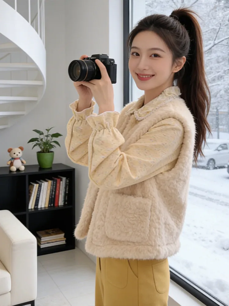 

Модный милый двусторонний женский жилет, зимний пушистый воротник, повседневный свободный уличный наряд, удобный теплый