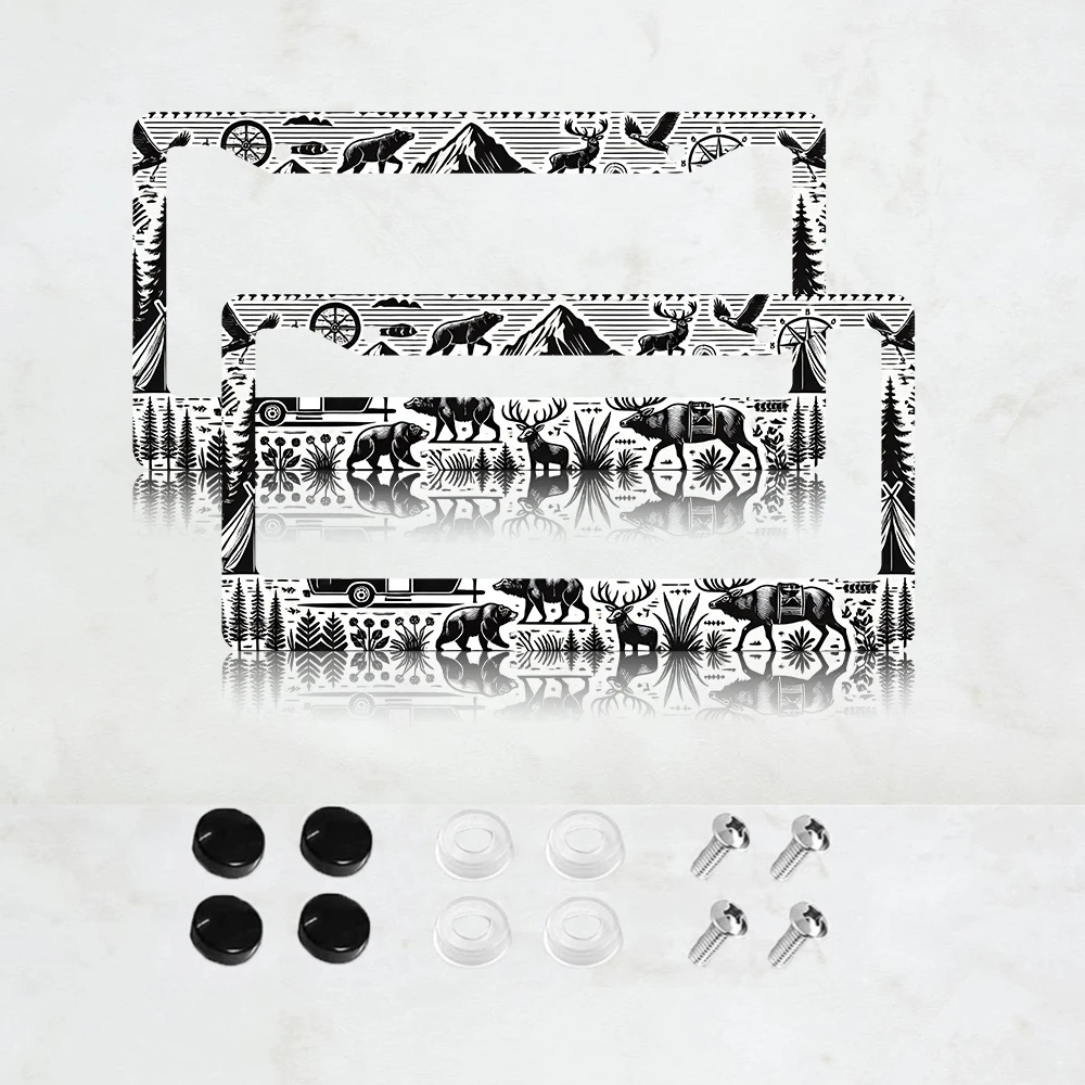 

2PC Camping Mountains Pattern Aluminum License Plate Frame - US Standard Size, Decorative Car License Plate Bracket, 2 Holes