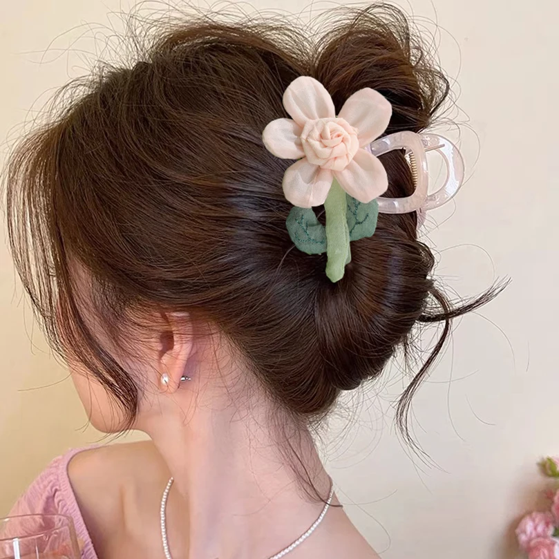 New Women's Hair Claw Mesh Flowers Hair Clip Half-up Ponytail Shark Clip Pink Flower Crab Clamp Barrettes Hair Accessories