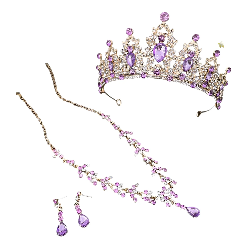 Crown Earring Necklace 3 Pieces Set Alloy Hypoallergenic Inlaid Rhinestone Jewelry for Stage Show Dating Shopping