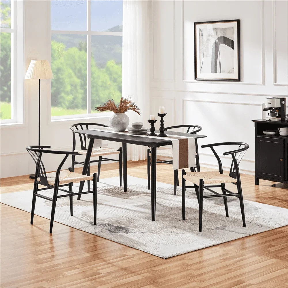 2PCS Weave Modern Dining Chair with Metal Frame, Black