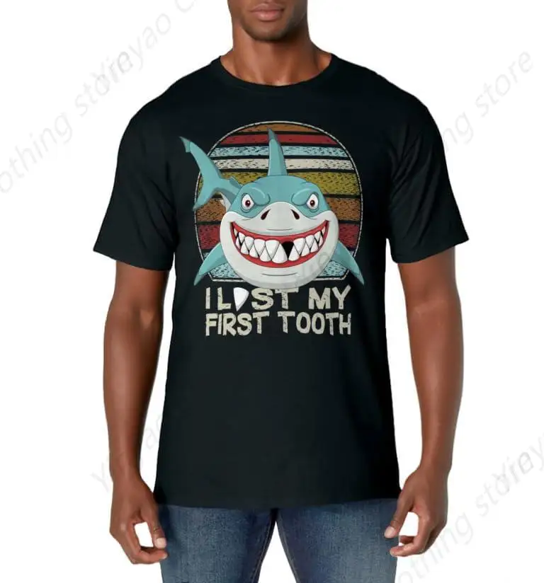 Interesting Tooth Fairy Gift Shirt Retro Shark I Lost My First Tooth T-shirt Pure Cotton Black Cool T-shirt