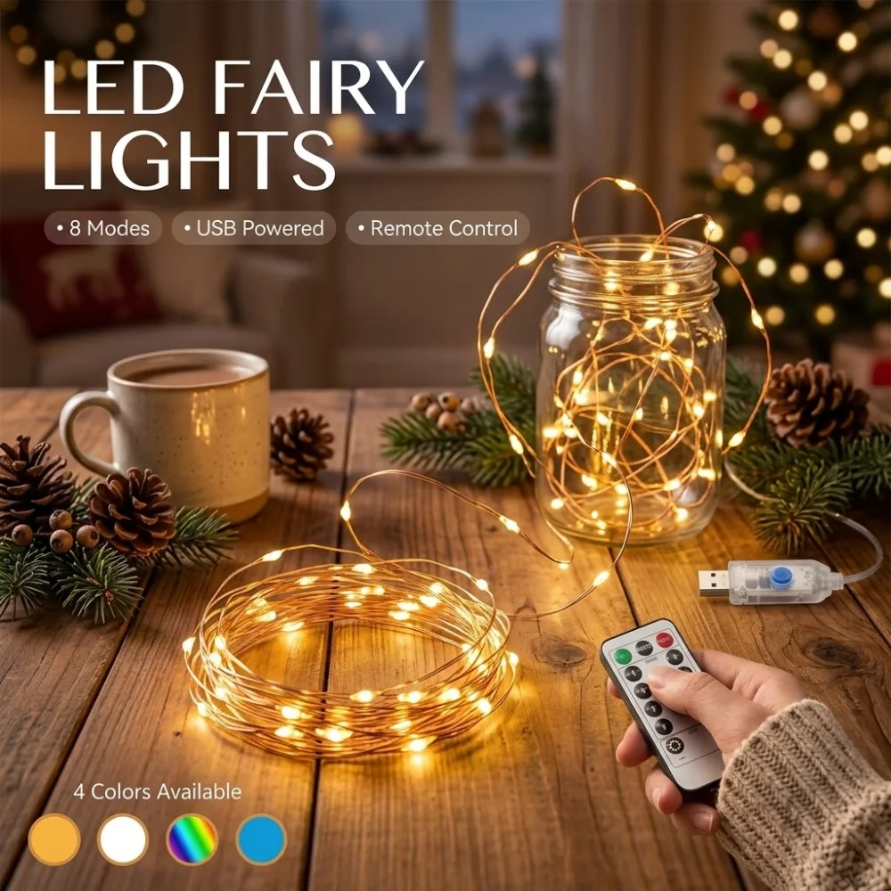 USB Copper Wire Lights Remote Control 8 Modes Warm White for Christmas Wedding Party Home Window Balcony Patio Decor