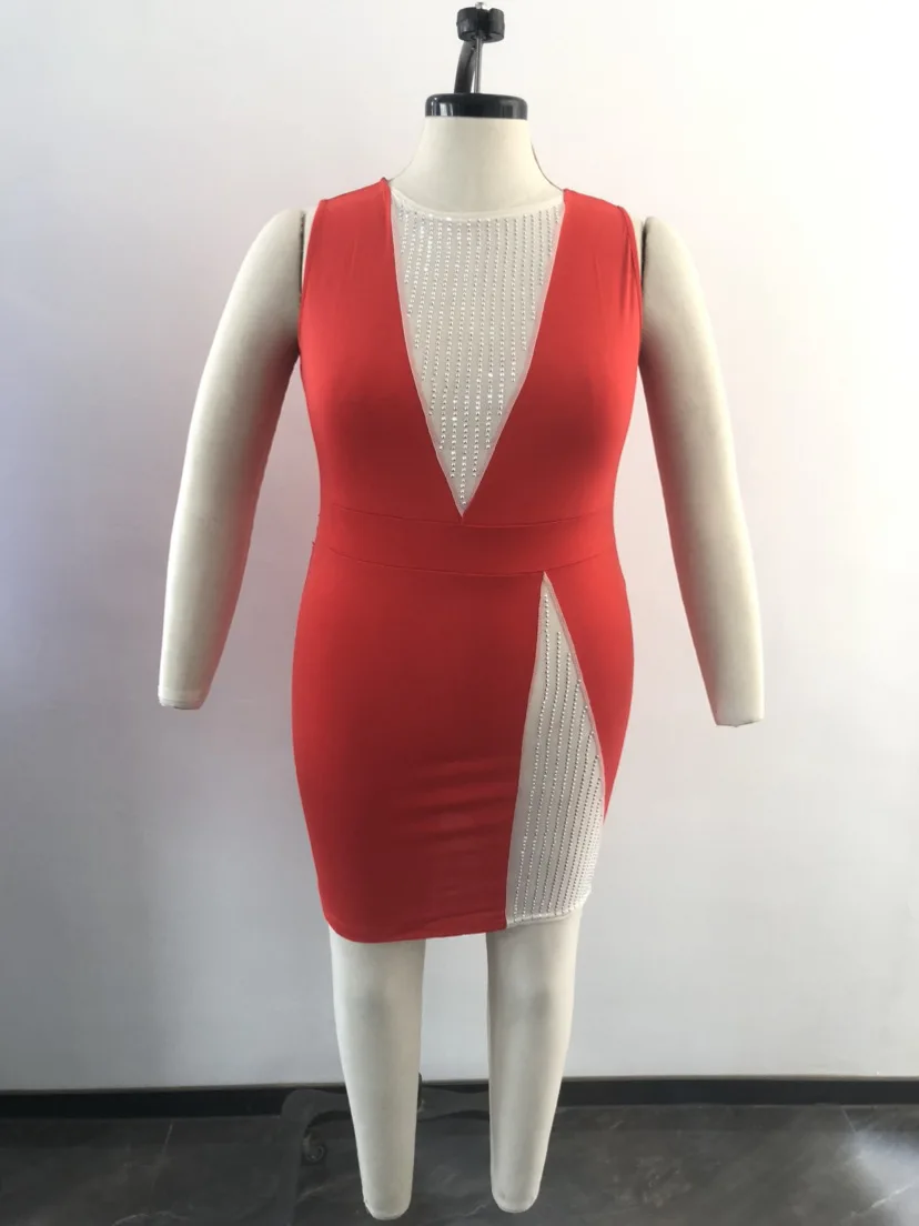 Plus Size Dresses Sexy Mesh Patchwork Diamonds Bodycon Mini Dress XL-5XL Sleeveless Elegant Luxury Vestidos Club Party Robes