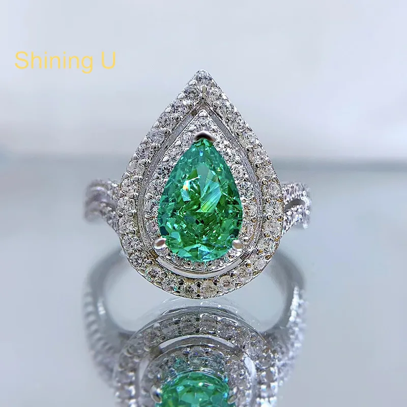 Shining U S925 Silver High Carbon Diamond Pear 6*9mm Lab Created Emerald Ring for Women Fine Jewelry Anniversary