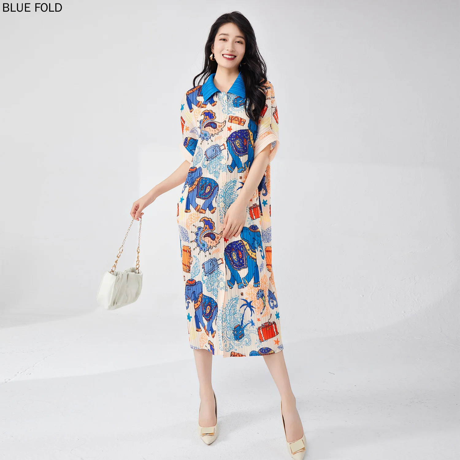 

Miyake Dress 2024 Women's High-end Printed Short-sleeved Loose Large Size Single-breasted Cardigan Mid-length Dress Elegant Robe
