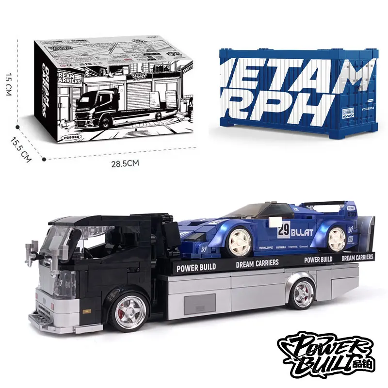 

Power Built New Car Building Blocks Trailer Truck Vehicle Supercar Technical Blue Modified Sports Car Model Bricks Toys Gifts
