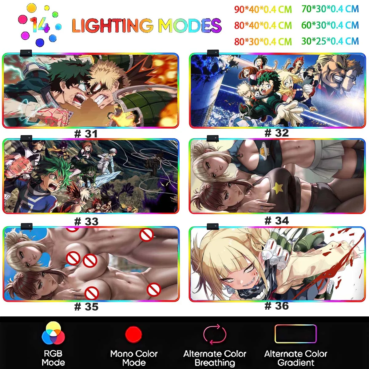 Anime My Hero Academia RGB Large Non-slip Mouse Pad Uraraka Utsushimi LED Backlit Hentai Mouse Pad Table Gaming Mat Keyboard Mat