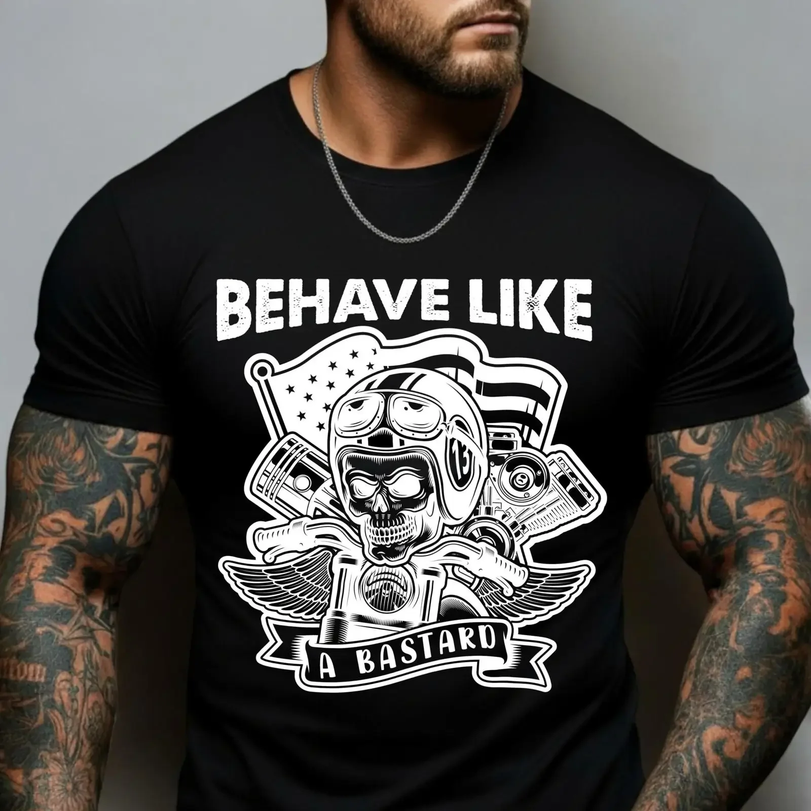 Behave Like A Bastard Biker T Shirt Skull Helmet American Flag Outlaw Motorcycle For Hardcore Rider vintage Washed homme