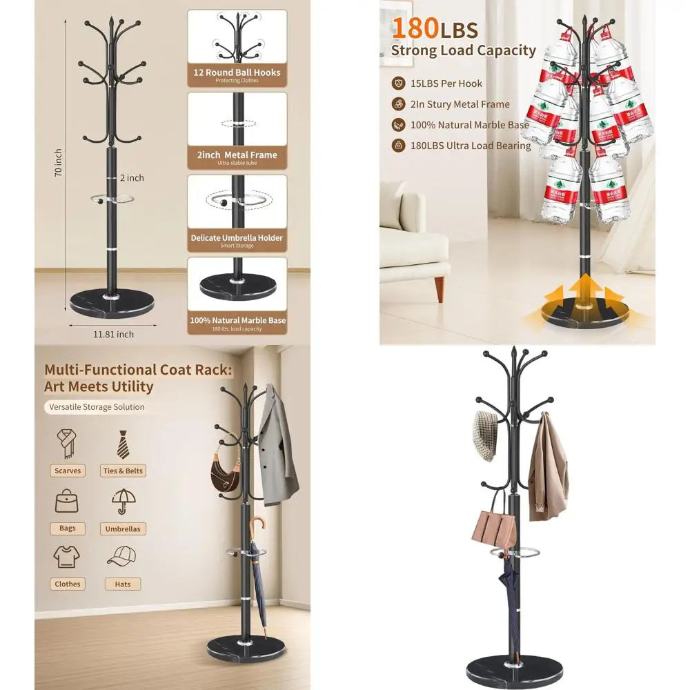 

Стильная металлическая вешалка для одежды с основанием из натурального мрамора и держателем для зонтов, 12-крючковая подставка для дома или офиса