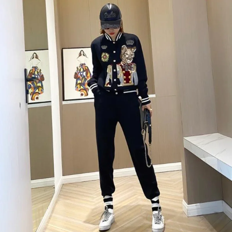 Women Spring Autumn Dog Embroidery Baseball Coat Contrast Color Beaded Bomber Jacket Single Breasted Cardigan Sports 2pcs Suit