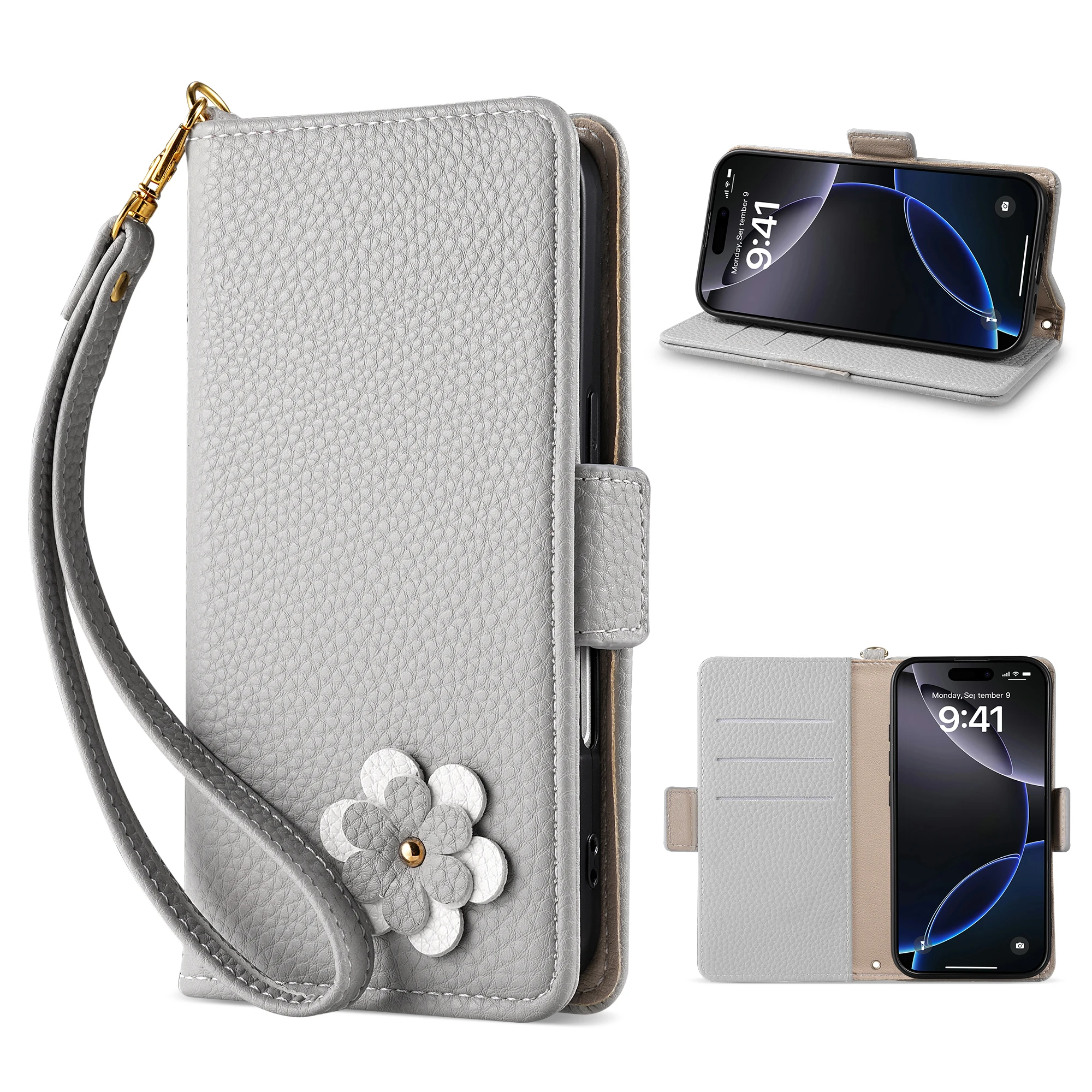 Niedliche 3D-Kaninchen-Blumen-Leder-Handy-Mappenhülle für iPhone 16 15 14 Plus 13 12 11 Pro Max XS X SE 16e Kartensteckplatz Flip-Cover – Detail 15