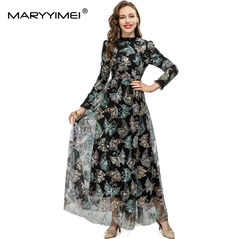 MARYYIMEI Spring Women\'s Luxury Gorgeous Party dress Long sleeved Butterfly Sequin Beading Elegant Maxi Long Ball Gown Dresses