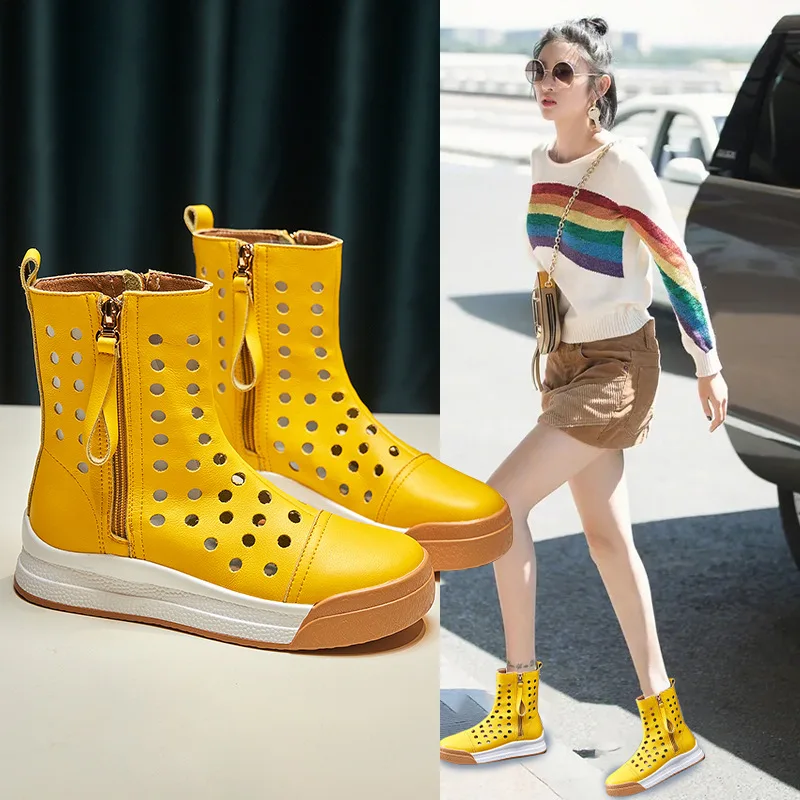 Fujin Genuine Leather Women Boots Hollow Air Mesh Women Summer Shoes Motorcycle Zip Summer Boots Ankle Platform Shoes Punk