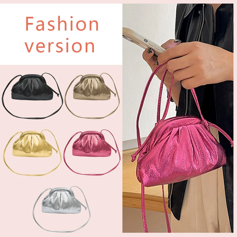 Women Crossbody Shoulder Bag Fashion Pleated Dumpling Crossbody Bag Sparkly PU High-Capacity Durable Lightweight Party Gathering