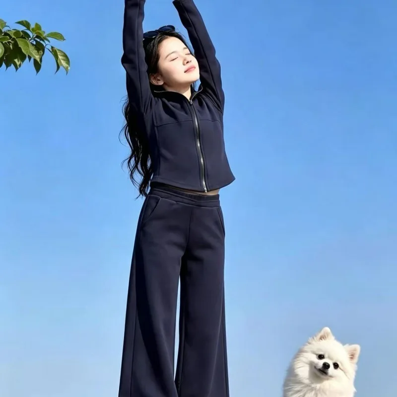 2026 Winter autumn Teenager Kids Girl Children Set Clothes Crop Top Hooded + sports Straight Pants 4 6 7 8 9 10 11 12 14 15 Year