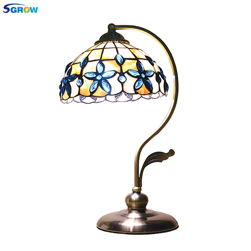 SGROW European Classica Pastoral Table Lights Blue Lilac Shell Desk Lamp for Bedroom Study Room Lampada da tavolo Led Light