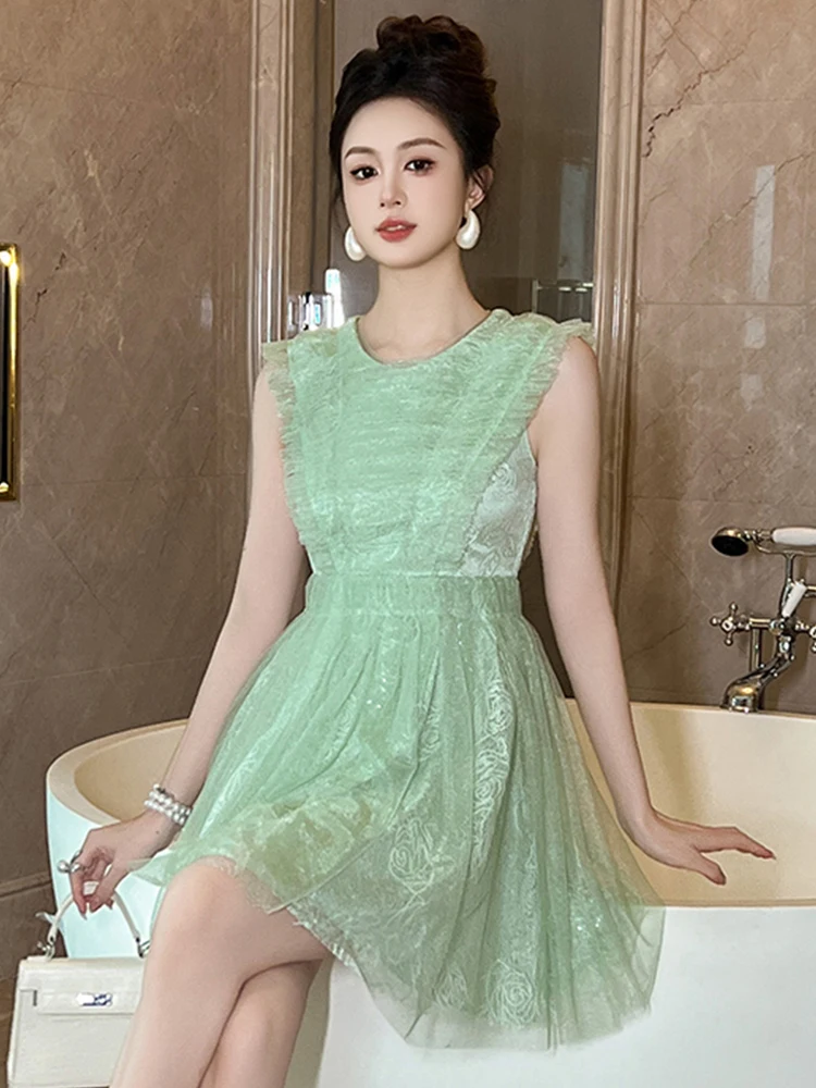 Vestido de fiesta francés elegante para mujer, vestido de baile verde transparente de encaje corto, hermoso