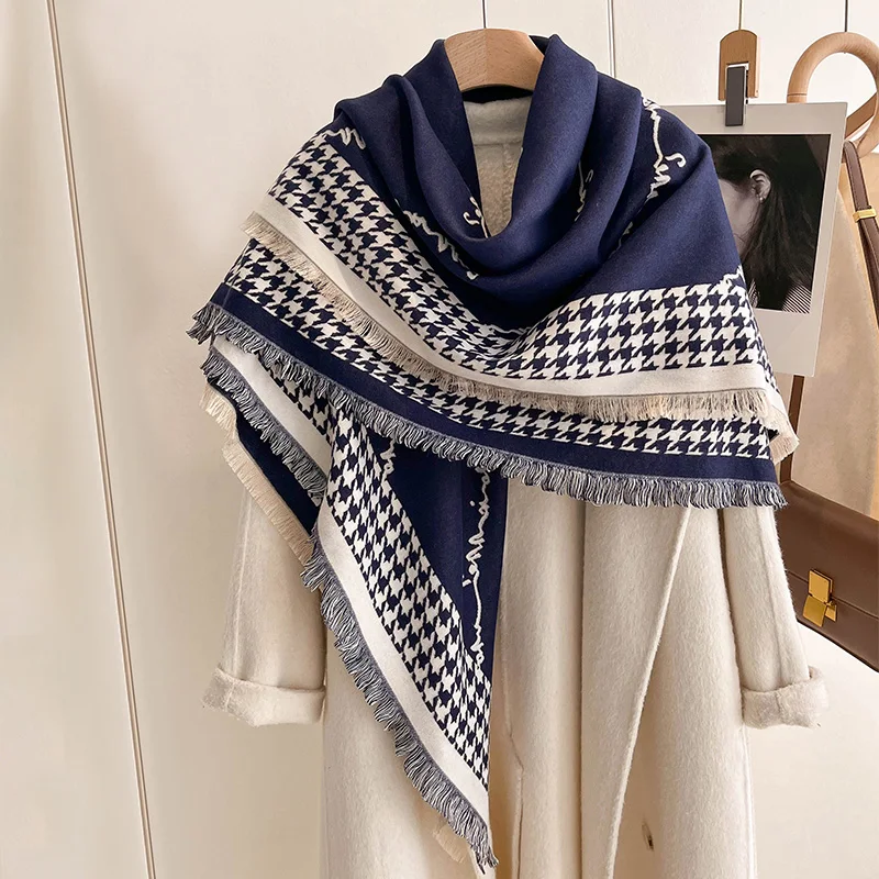 Luxury Brand Cashmere Women Houndstooth Scarf Winter Warm Pashmina Shawl and Wrap Bandana Pashmina Female Foulard Square Thick