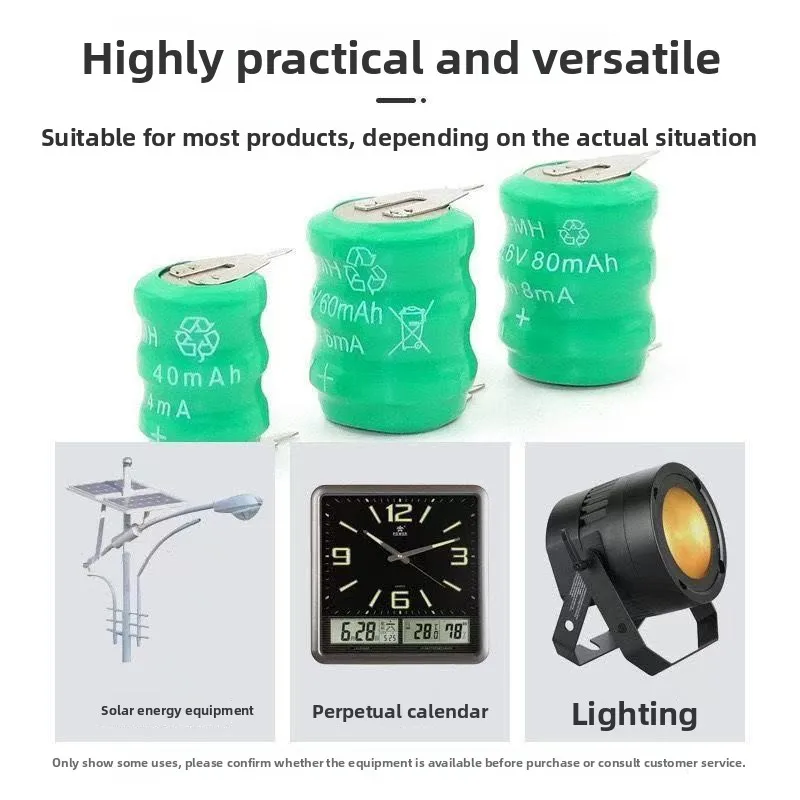 Bateria NiMH, 3.6V, 80mAh, okrągła, ładowalna z pinami, odpowiednia do zegarów, elektroniki, urządzeń z funkcjami pamięci, lamp trawnikowych, itp. — zdjęcie produktu 2