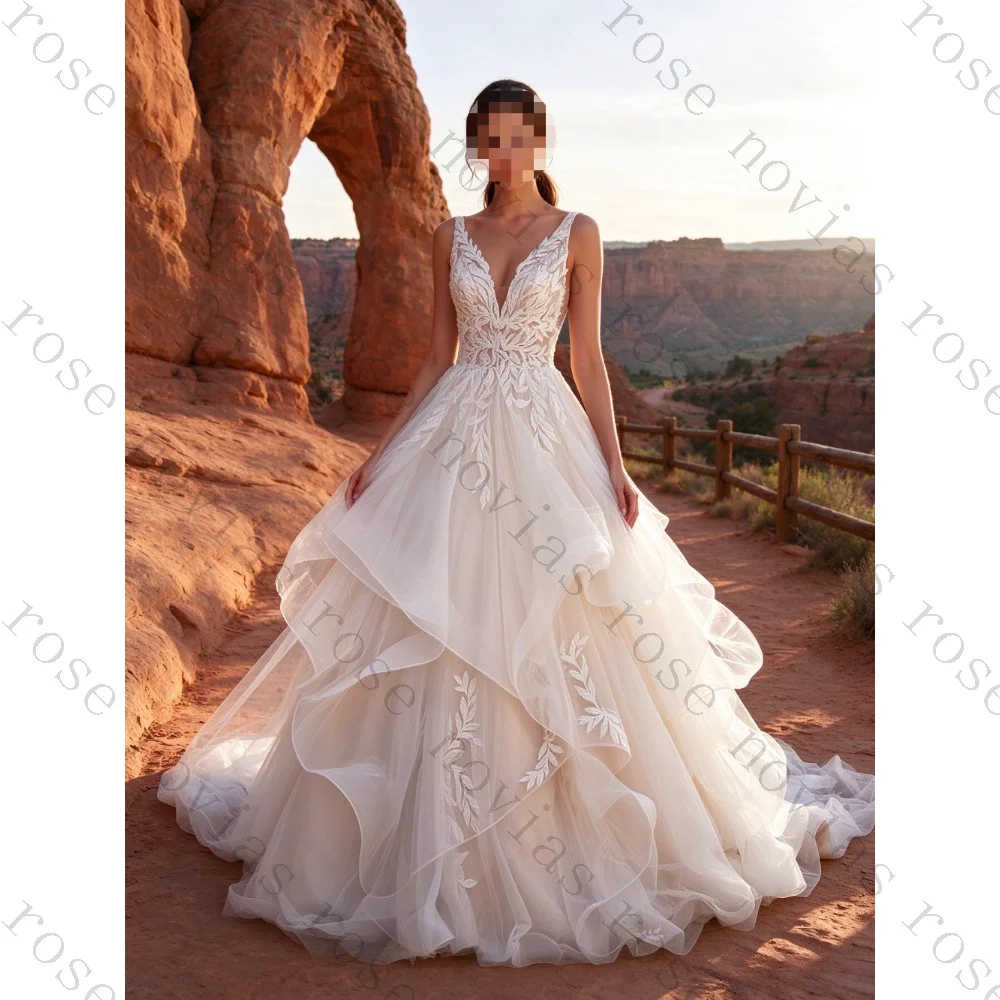 Customized Ivory Lace Decal Wedding Dresses 2026 New V-neck Layered Chiffon Bridal Gown Suitable for Bohemian Beach Parties