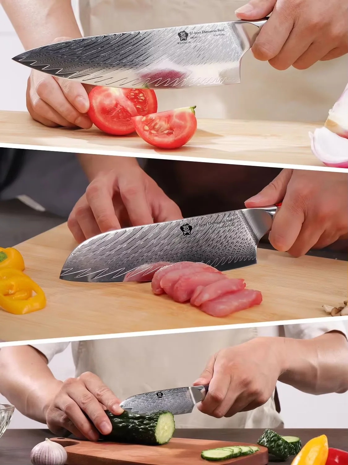 WILDMOK 67 Layer VG10 Japanese Damascus Steel 3 PCS Kitchen Knife Set Red Resin Handle Professional Cooking Cutlery view 4