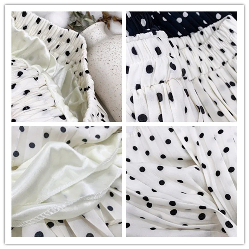 TFETTERS Mulheres Saias Chiffon Plissada Saia Mulheres Primavera e Verão Coreano Polka Dot Branco Saias Plissadas para As Mulheres Roupas