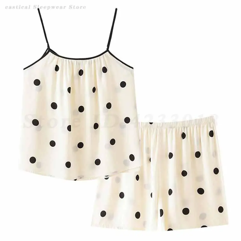 

Ice Silk White Polka Dot Pajamas Sexy Breathable Sleepwear 2 Pcs Strap Top&shorts Home Clothes Autumn New Minimalist Nightwear
