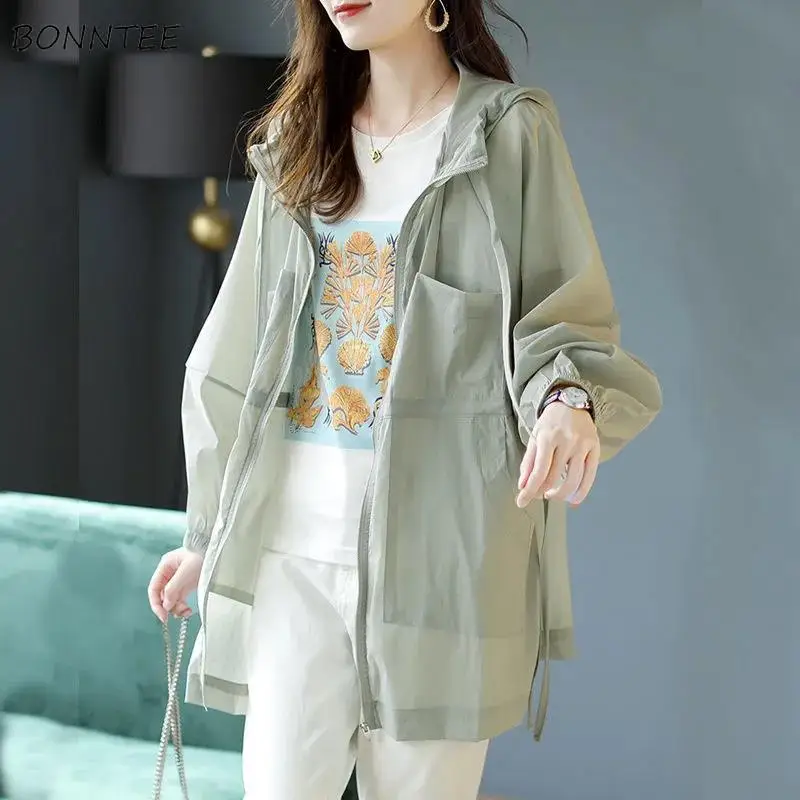 

Jackets Women Hooded Fashion Thin Sheer Chic Soft Summer Femme Solid Ins Korean Style Sun-proof Harajuku High Street Holiday New