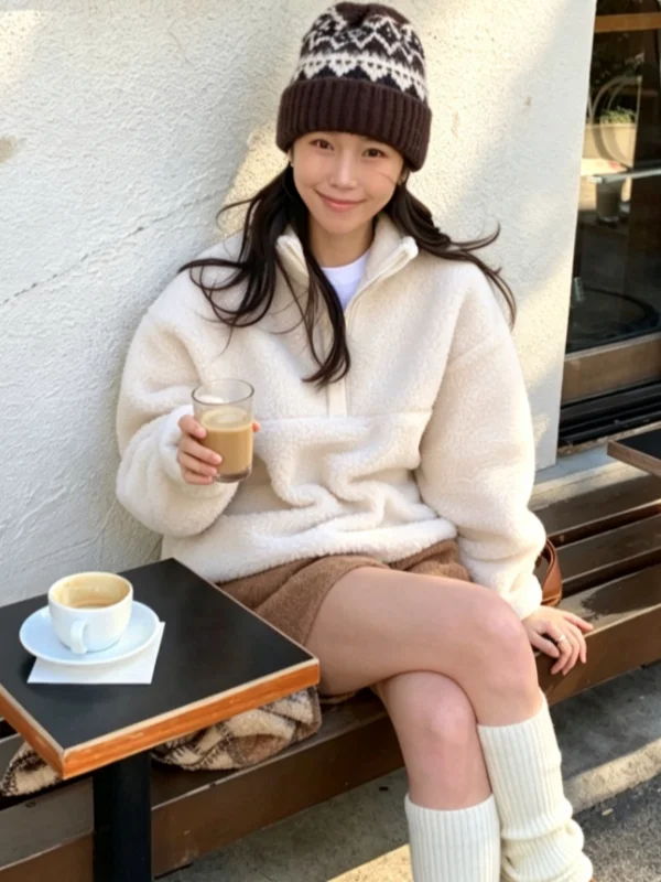 Chic Sweet Soft Placket Collar Lazy Style Fleece Jacket Loose Fashionable Warm Sweatshirt Coat Women Winter Streetwear
