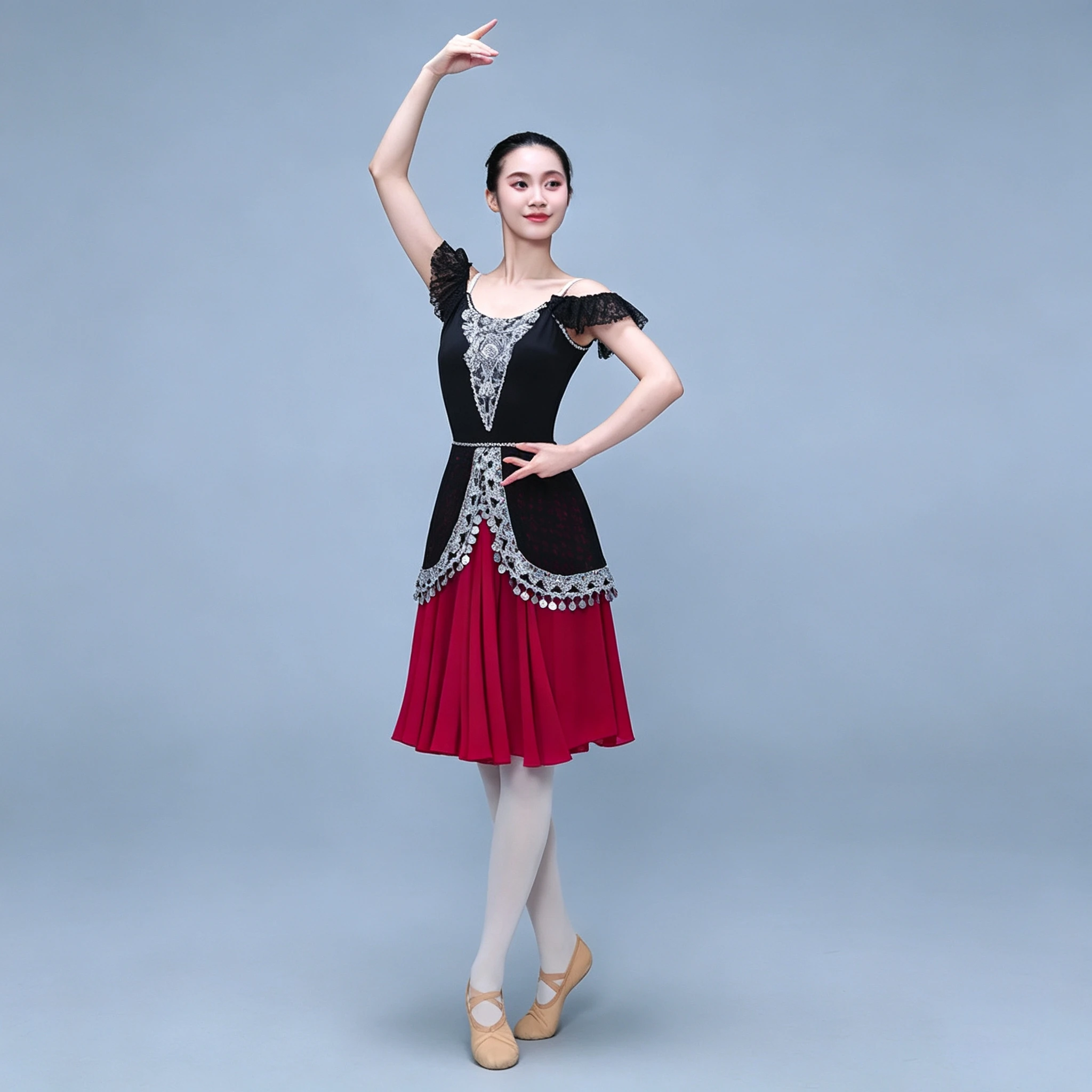 Vestido de ballet español para mujer, disfraz de Kitri de Don Quijote, top de encaje negro, falda midi de gasa roja, vestido de baile romántico tipo tutú.