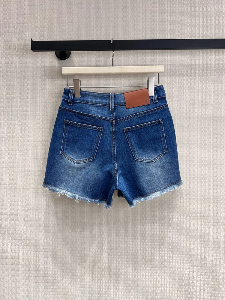 Summer Fashion Party Blue Classic Version Cowboy Shorts Women's Middle Waist Slim Multi Pocket Straight Barrel Tassel Hem Pants