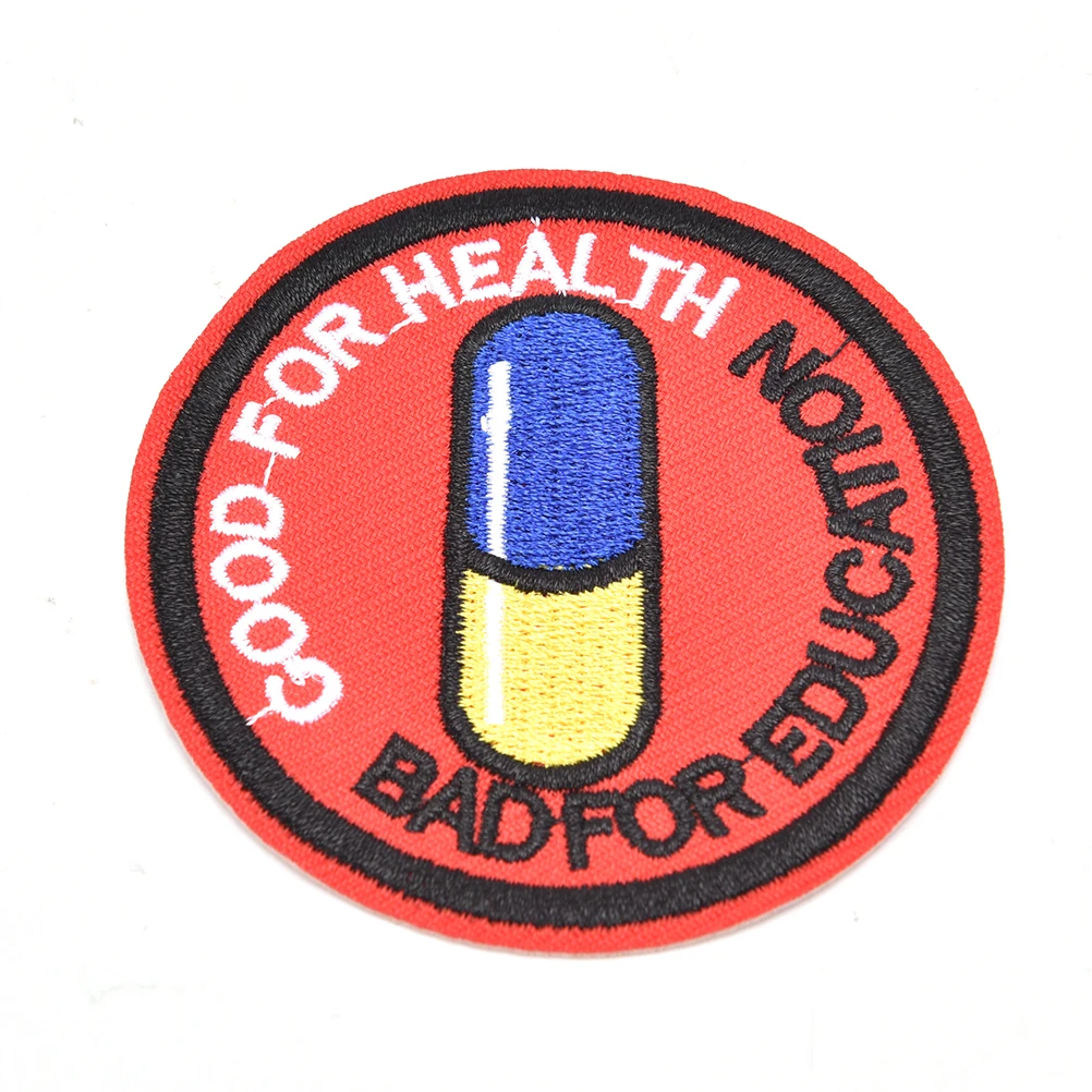 1pc Japanese Akira Kaneda Good For Health Bad For Education Iron Sew On Patch Akira Pill Anime Cosplay Tetsuo Badge Applique