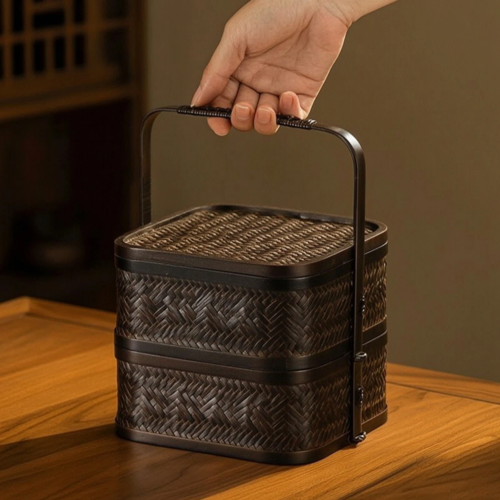 蓋付き竹かご-工芸品の竹かご-ハンドル付き-織り込み収納ボックス-蓋付き-ポータブル-素朴な雰囲気のお茶愛好家向け-キッチン用