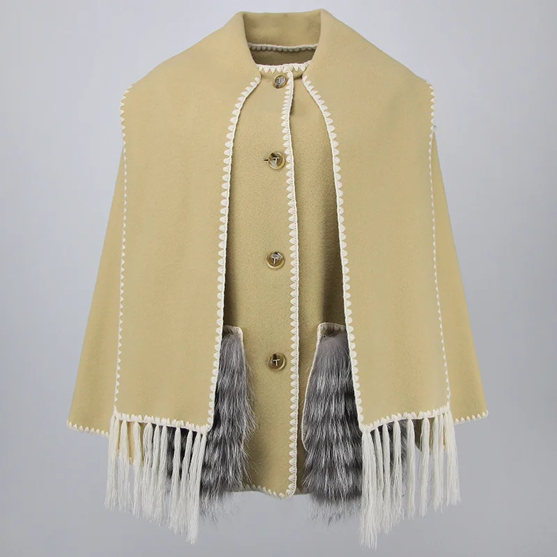 MENHR BONITA-Veste d'hiver en fourrure de renard argenté véritable pour femme, manteau en cachemire avec pompon, col écharpe, mélanges de laine, nouveau