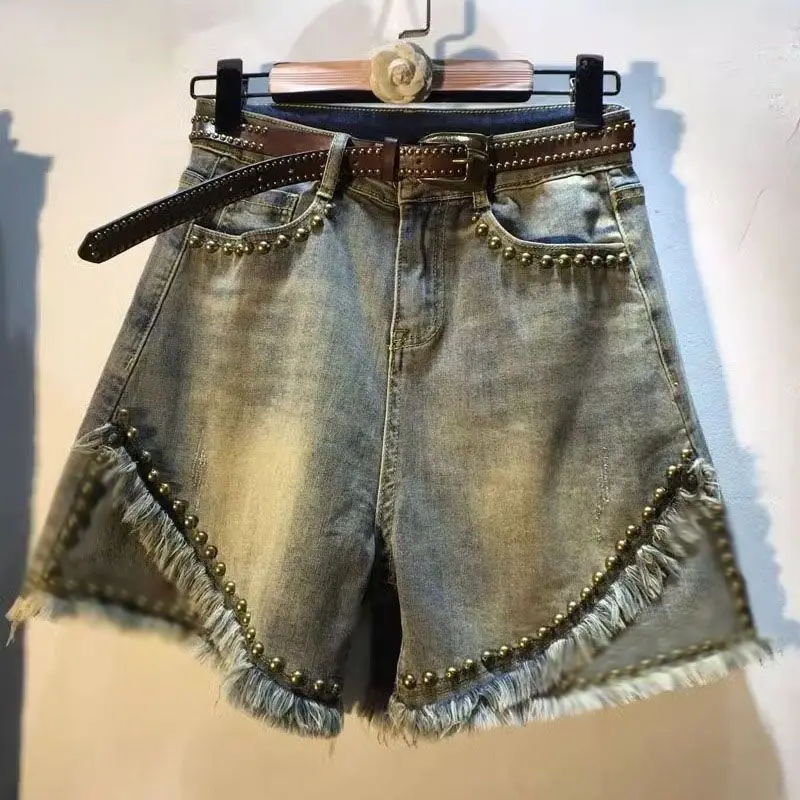 

Fashion Diamonds Denim Shorts Women Summer Simplicity Office Lady Wide Leg Trend High Waist Appear All-match Casual Straight