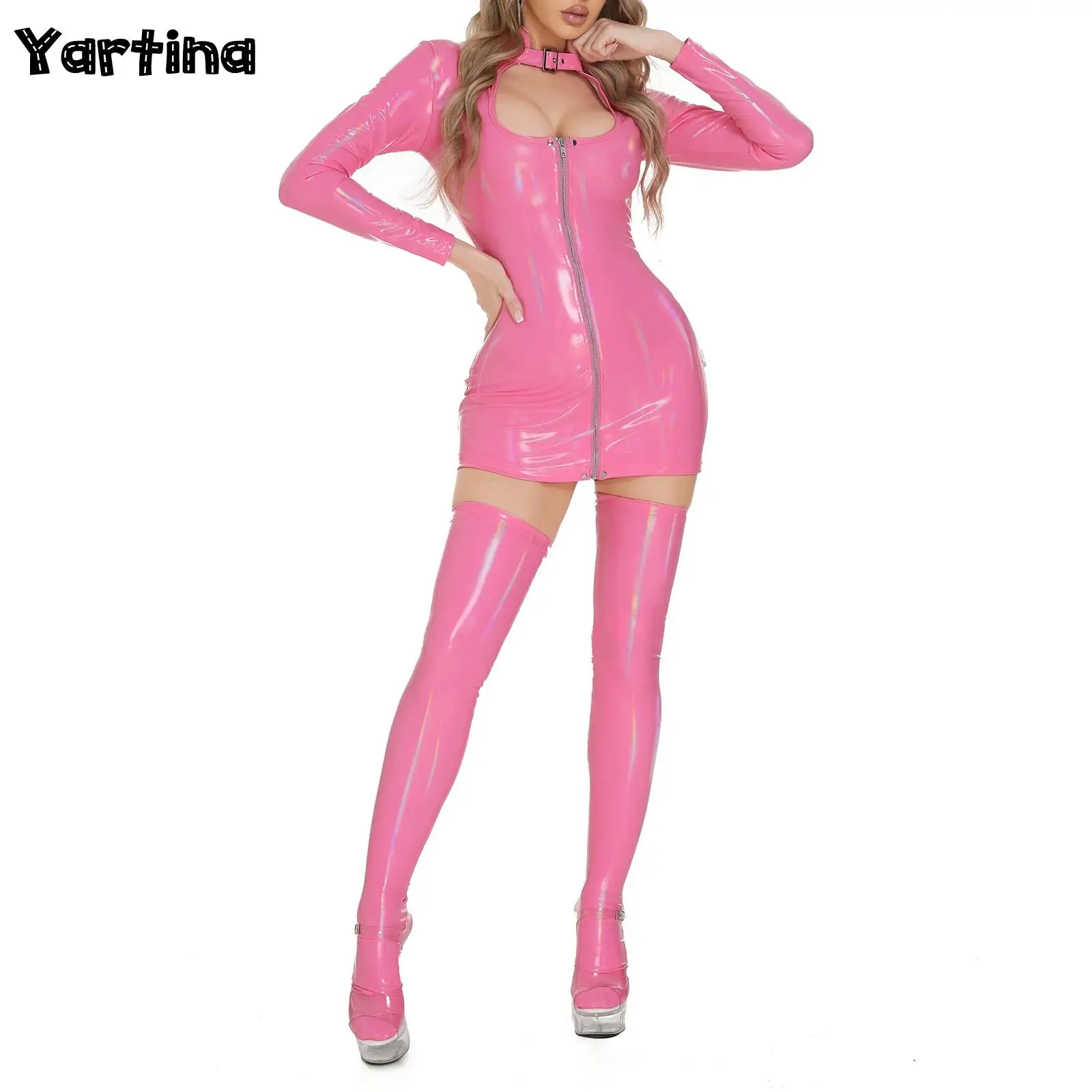 Sexy Womens Bodycon Dress with Stockings Set Patent Leather Latex Short Dress Bunny Lady Costume Rave Party Wet Look Club Wear