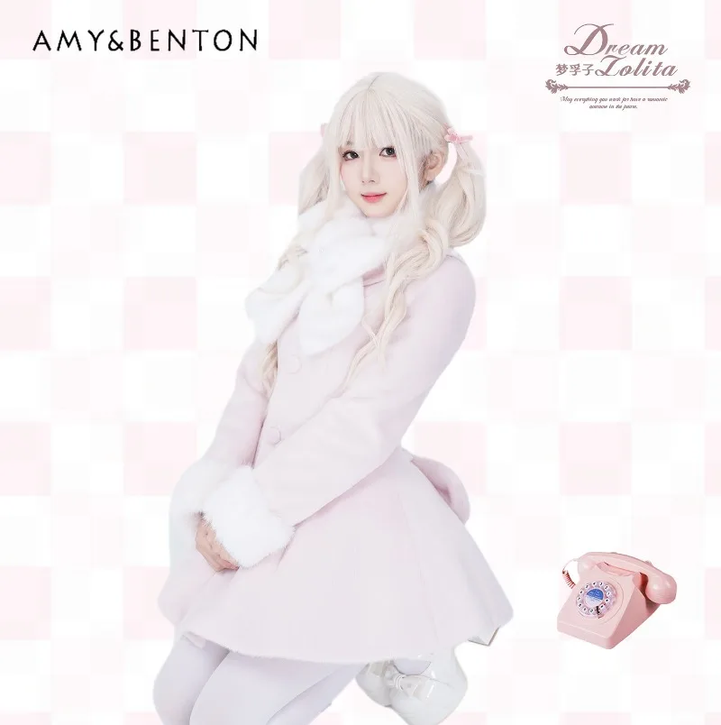 Sweet Girl Autumn Winter New Lolita Princess Wool Coat for Women Thickened Warm Cute Plush Turn-down Collar Slim Mid-length Coat