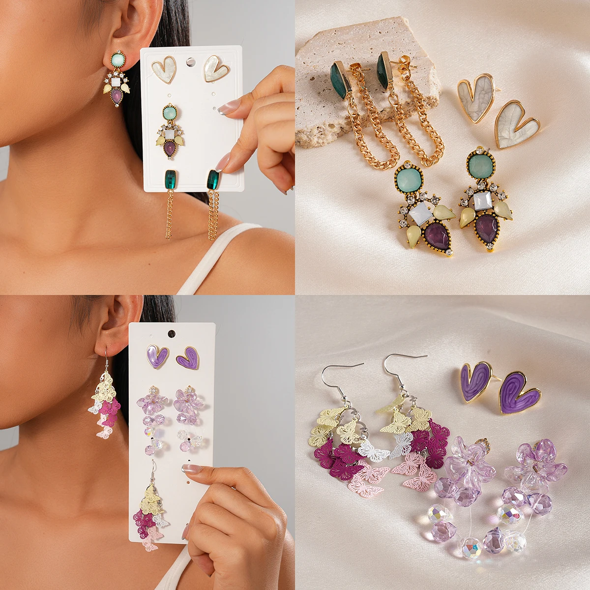 

6 Pcs/set Vintage Zircon Dangle Earrings Butterfly Geometric Glass Beaded Pendant Earring Dripping Oil Heart Earring for Party